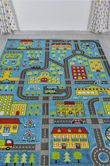 3 Boyutlu Mavi Şehir Dokuma Çocuk Oyun Halısı