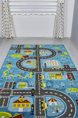 3 Boyutlu Mavi Trafik Arabalı Dokuma Çocuk Oyun Halısı