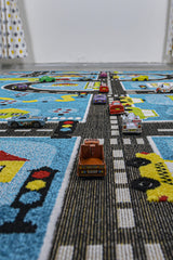 3 Boyutlu Mavi Trafik Arabalı Dokuma Çocuk Oyun Halısı
