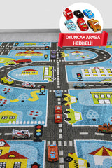 3 Boyutlu Mavi Trafik Arabalı Dokuma Çocuk Oyun Halısı
