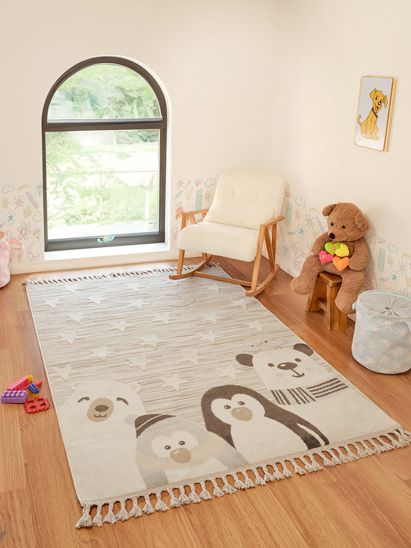 Bercario Kids 9271 Yıldızlı Hayvan Figürlü Dokuma Çocuk Odası Yumuşak Bebek Odası Halısı Bercario_Kids_9271