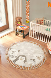 Bercario Kids 9271 Yıldızlı Hayvan Figürlü Yuvarlak Dokuma Çocuk Odası Halısı Yumuşak Bebek Odası Halısı
