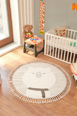 Bercario Kids 9272 Ayıcıklı Hayvan Figürlü Yuvarlak Dokuma Çocuk Odası Halısı Yumuşak Bebek Odası Halısı