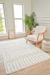 Moderno 3331 Bej Beyaz Etnik Desen Dokuma Halı Salon Oturma Odası Mutfak Halısı Tozumaz Makine Halısı