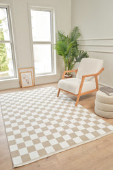 Moderno 3333 Bej Beyaz Damalı Dokuma Kareli Halı Salon Oturma Odası Mutfak Halısı Dama Desenli Tozumaz Makine Halısı