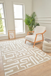 Moderno 3335 Bej Beyaz Modern Desenli Dokuma Halı Salon Oturma Odası Mutfak Halısı Tozumaz Makine Halısı