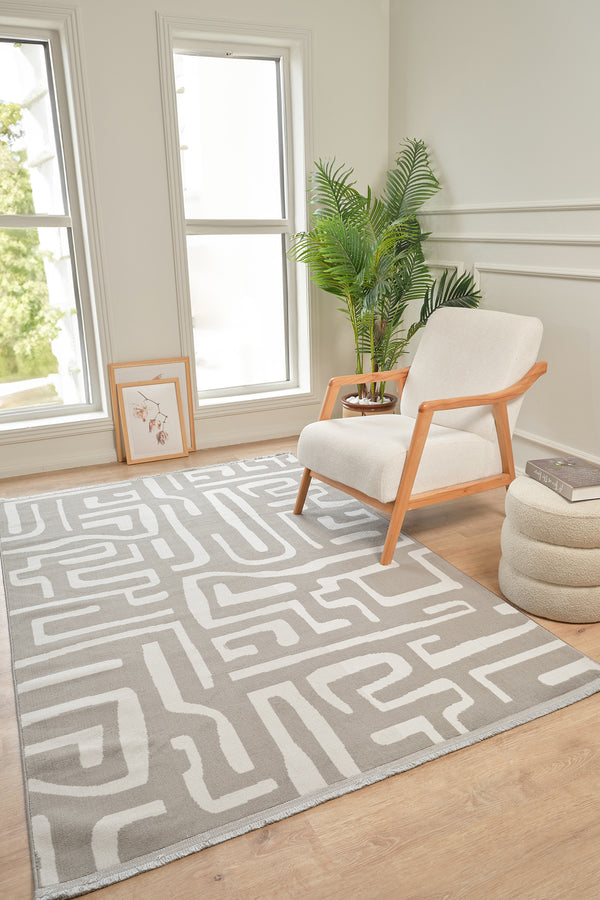 Moderno 3336 Gri Beyaz Modern Desenli Dokuma Halı Salon Oturma Odası Mutfak Halısı Tozumaz Makine Halısı