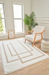 Moderno 3337 Bej Beyaz Çerçeve Desenli Dokuma Halı Salon Oturma Odası Mutfak Halısı Tozumaz Makine Halısı