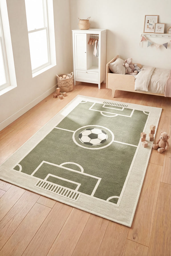 Kids 6004 Yeşil Futbol Sahası Dokuma Çocuk Odası Halısı Tozumaz Yumuşak Bebek Odası Halısı