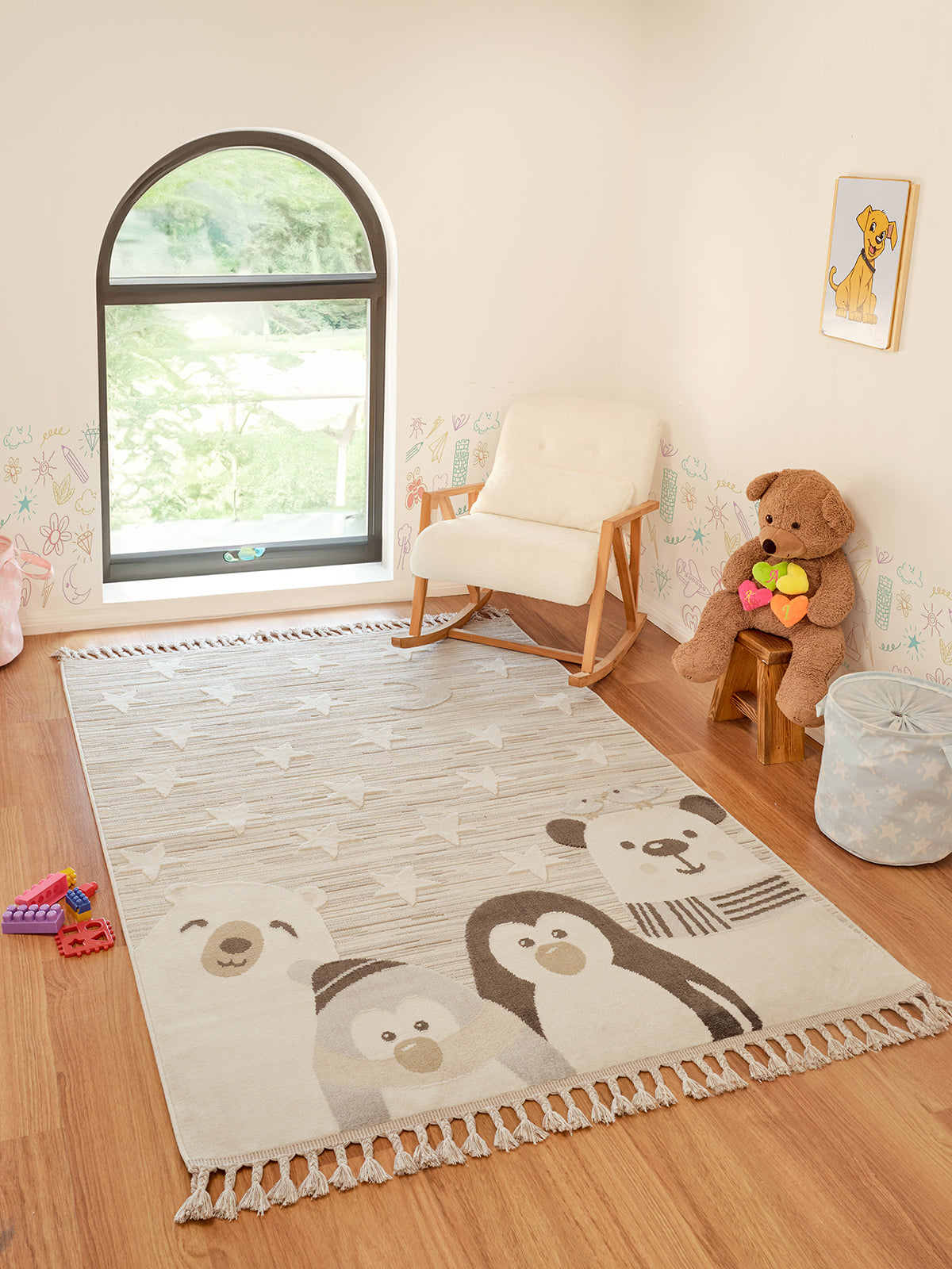 Bercario Kids 9271 Yıldızlı Hayvan Figürlü Dokuma Çocuk Odası Yumuşak Bebek Odası Halısı Bercario_Kids_9271