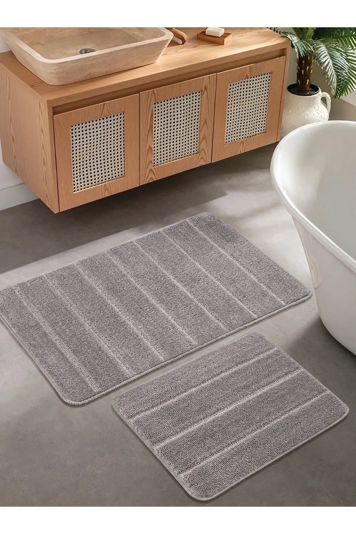 Doğal Kaymaz Taban Banyo Paspas Set Yumuşak Dokulu Su Emici Yıkanabilir Yeni Çizgili Set 50x80-50x40
