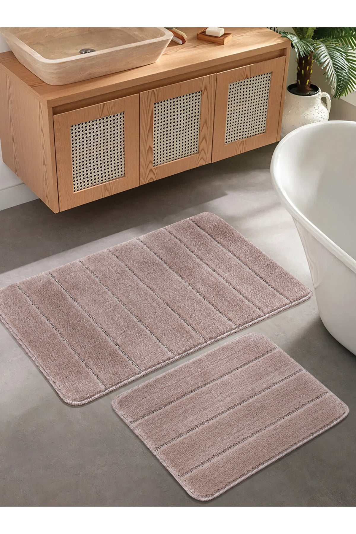 Doğal Kaymaz Taban Banyo Paspas Set Yumuşak Dokulu Su Emici Yıkanabilir Yeni Çizgili Set 50x80-50x40