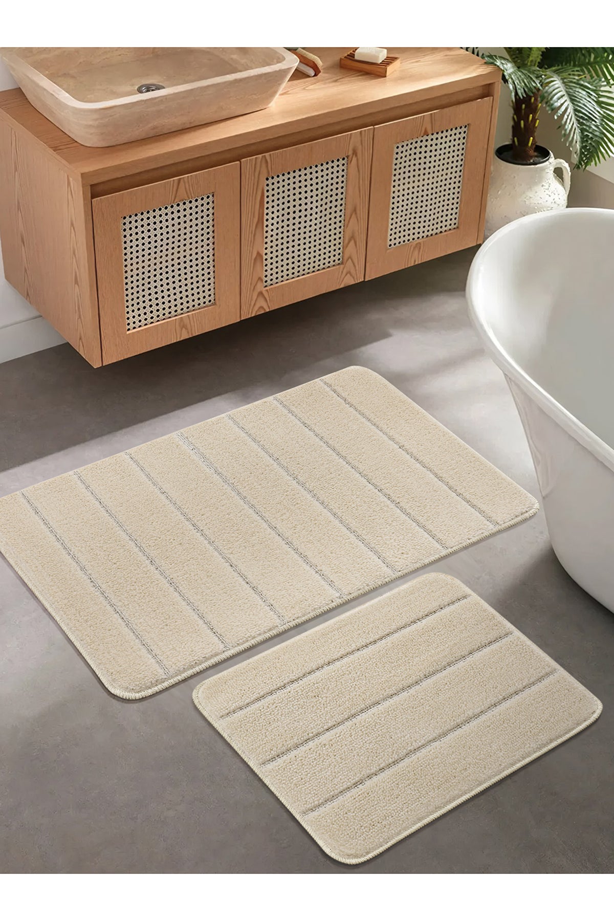 Doğal Kaymaz Taban Banyo Paspas Set Yumuşak Dokulu Su Emici Yıkanabilir Yeni Çizgili Set 50x80-50x40
