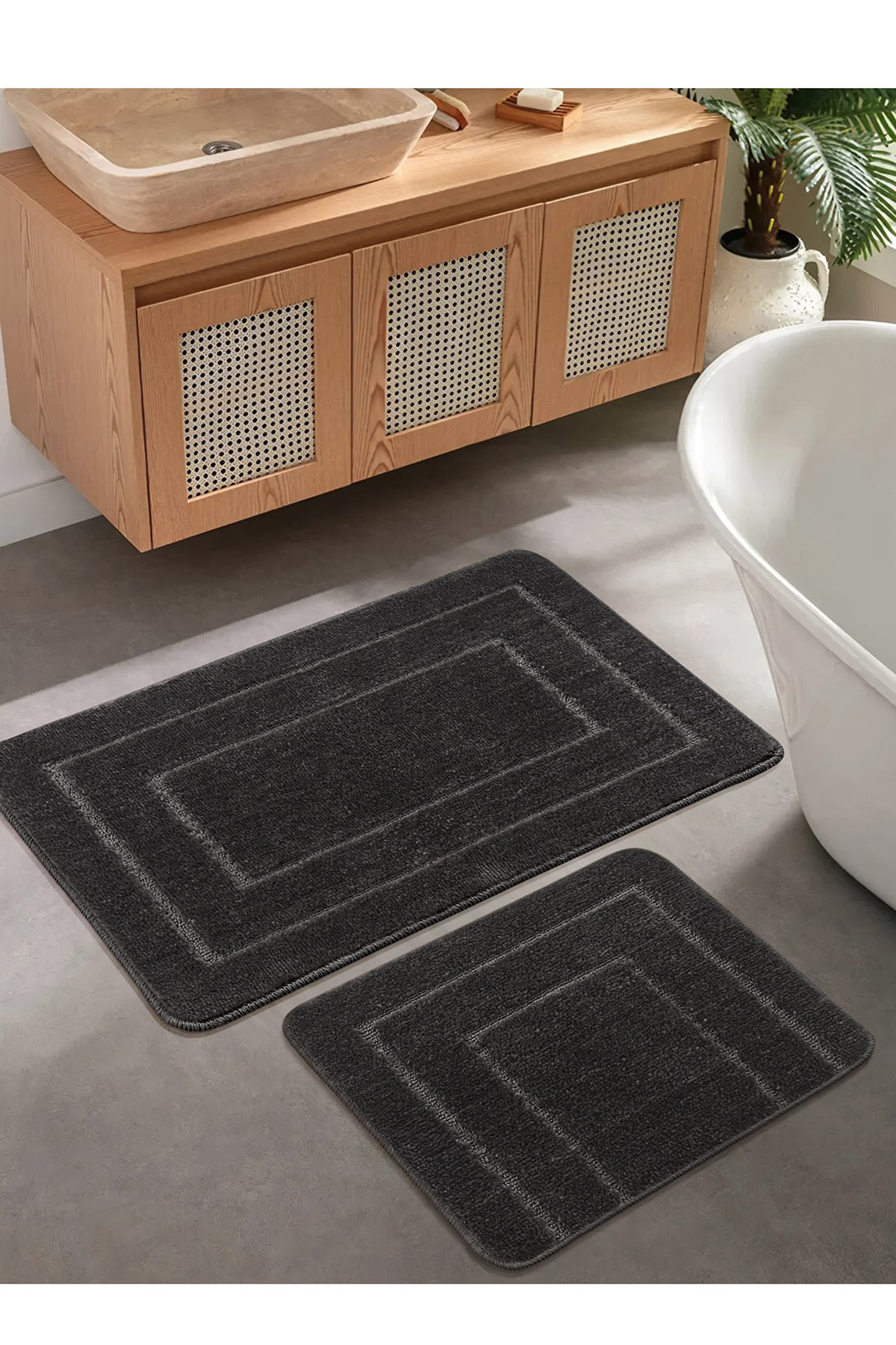 Doğal Kaymaz Taban Banyo Paspas Seti Uzun Ömürlü Yumuşak Dokulu Su Emici Yıkanabilir Çerçeve Set 50x80-50x40
