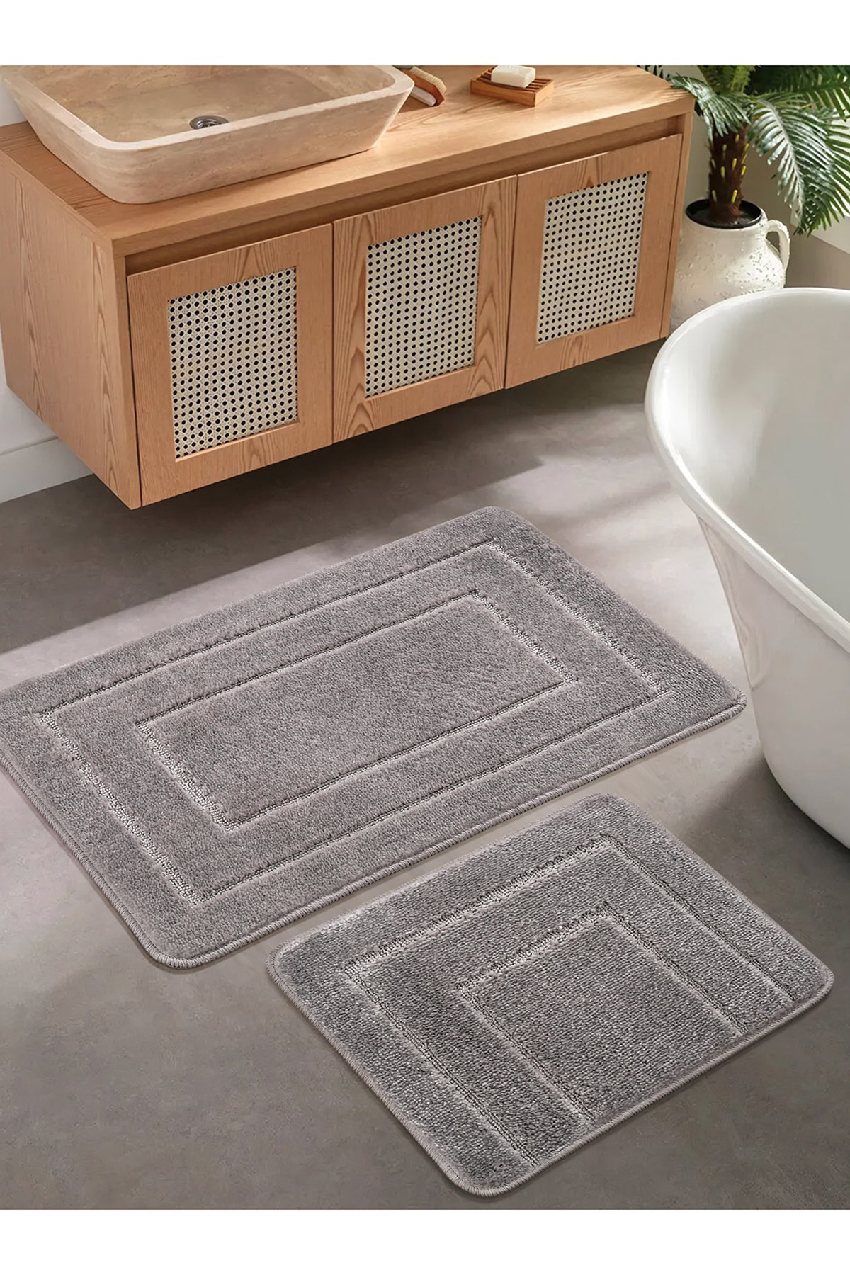 Doğal Kaymaz Taban Banyo Paspas Seti Uzun Ömürlü Yumuşak Dokulu Su Emici Yıkanabilir Çerçeve Set 50x80-50x40