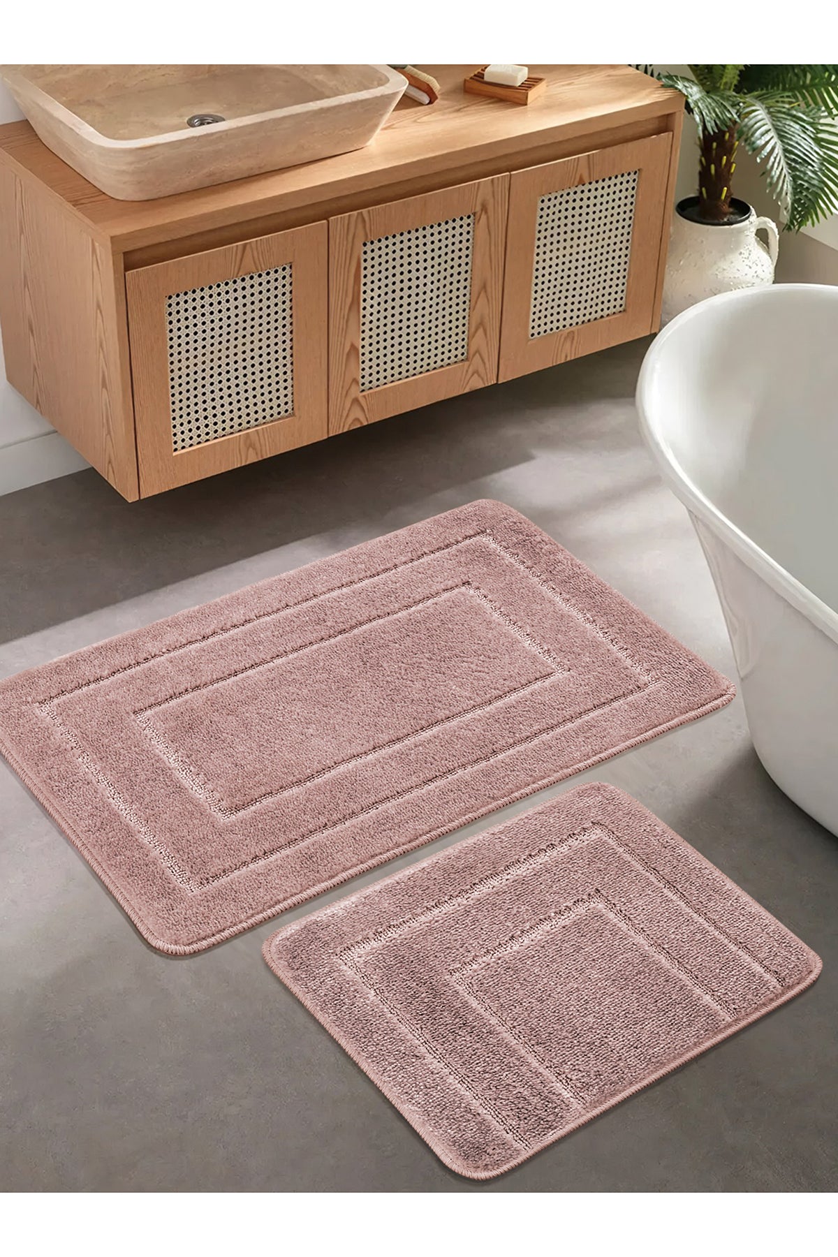 Doğal Kaymaz Taban Banyo Paspas Seti Uzun Ömürlü Yumuşak Dokulu Su Emici Yıkanabilir Çerçeve Set 50x80-50x40
