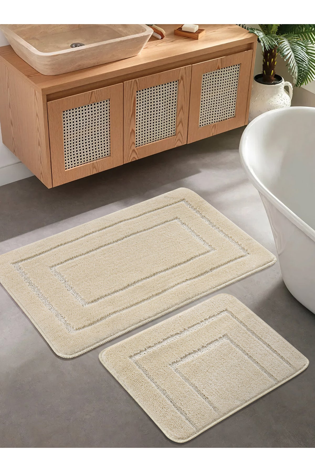 Doğal Kaymaz Taban Banyo Paspas Seti Uzun Ömürlü Yumuşak Dokulu Su Emici Yıkanabilir Çerçeve Set 50x80-50x40