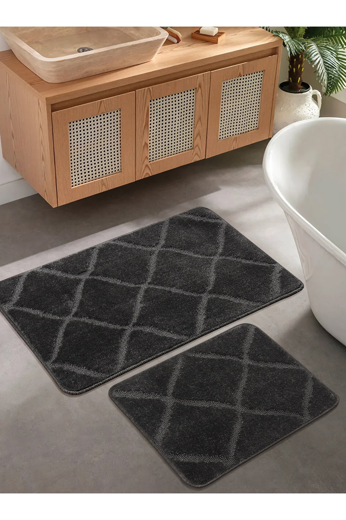 Doğal Kaymaz Taban Banyo Paspas Seti Uzun Ömürlü Yumuşak Dokulu Su Emici Yıkanabilir Çizgili Set 50x80-50x40