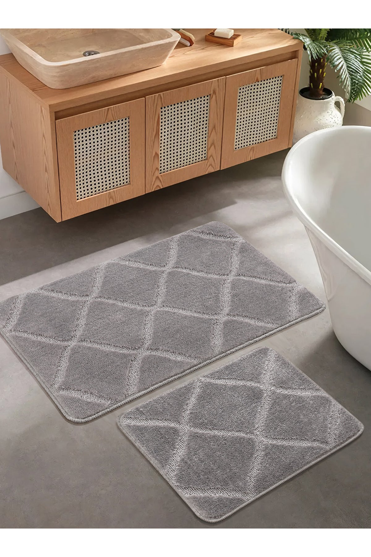 Doğal Kaymaz Taban Banyo Paspas Seti Uzun Ömürlü Yumuşak Dokulu Su Emici Yıkanabilir Çizgili Set 50x80-50x40