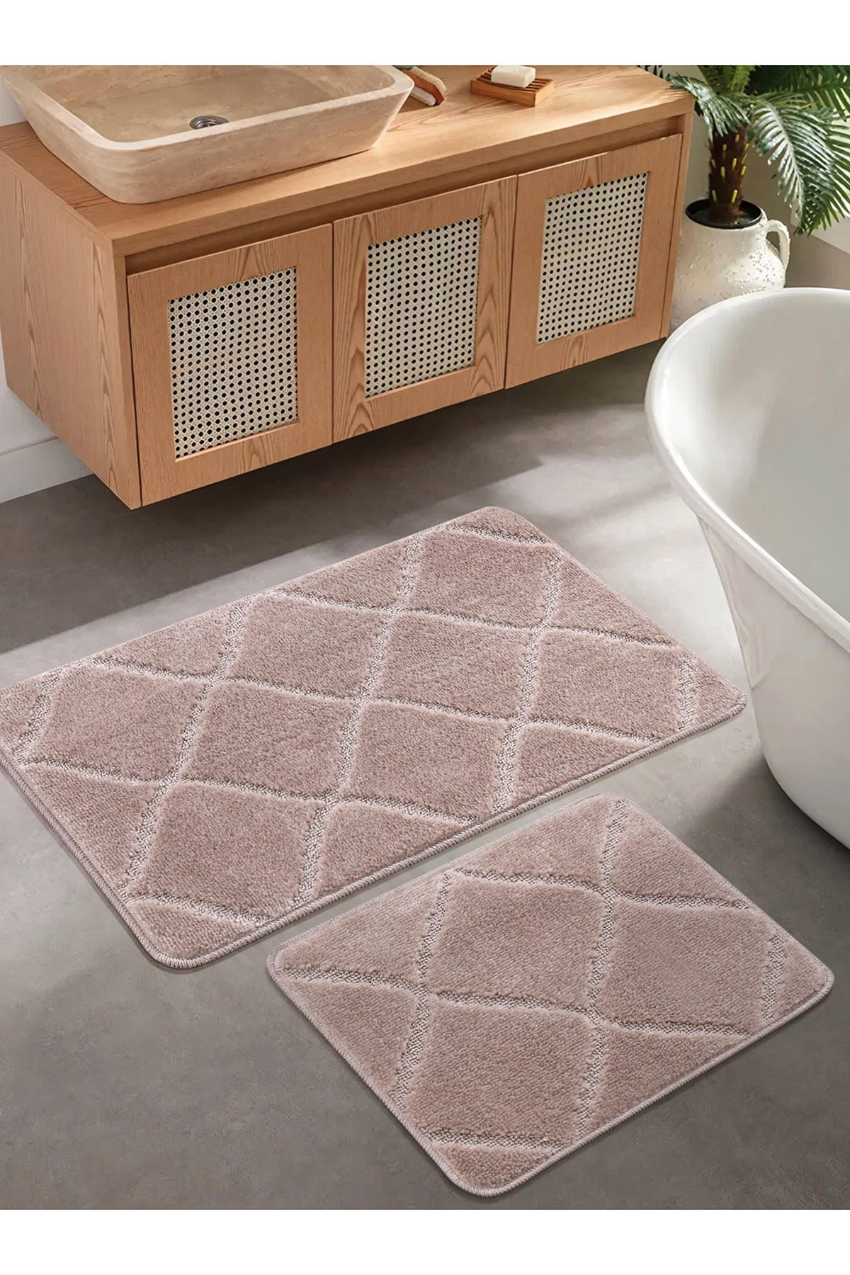Doğal Kaymaz Taban Banyo Paspas Seti Uzun Ömürlü Yumuşak Dokulu Su Emici Yıkanabilir Çizgili Set 50x80-50x40