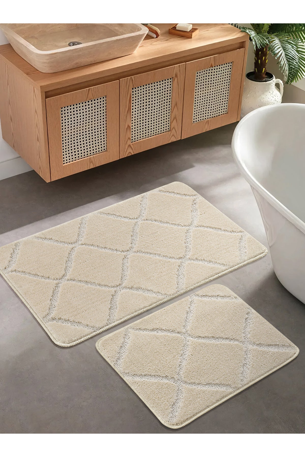 Doğal Kaymaz Taban Banyo Paspas Seti Uzun Ömürlü Yumuşak Dokulu Su Emici Yıkanabilir Çizgili Set 50x80-50x40