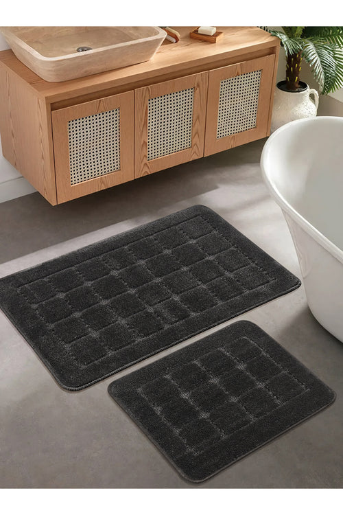 Doğal Kaymaz Taban Banyo Paspas Seti Uzun Ömürlü Yumuşak Dokulu Su Emici Yıkanabilir Kareli Set 50x80-50x40