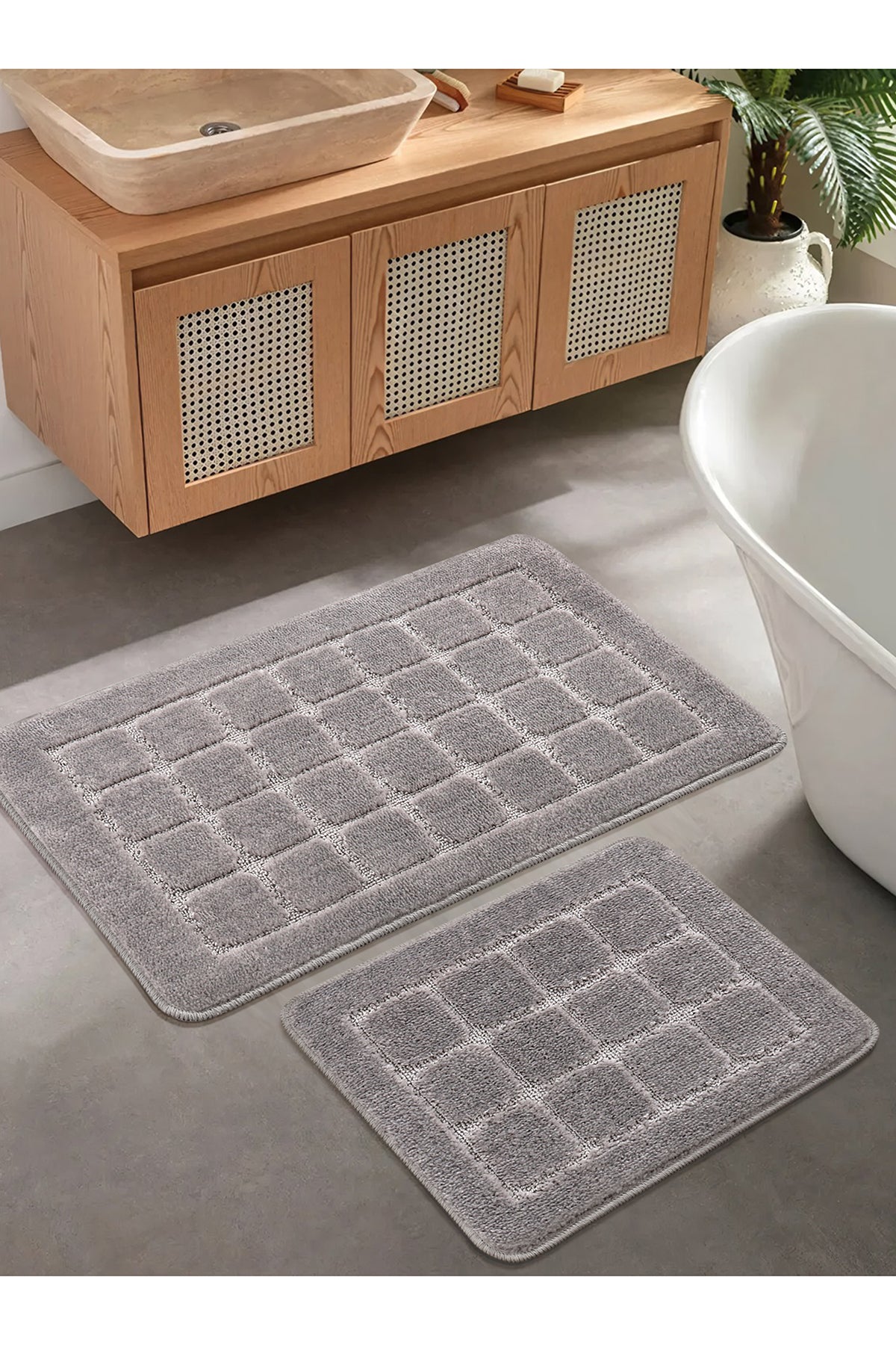 Doğal Kaymaz Taban Banyo Paspas Seti Uzun Ömürlü Yumuşak Dokulu Su Emici Yıkanabilir Kareli Set 50x80-50x40
