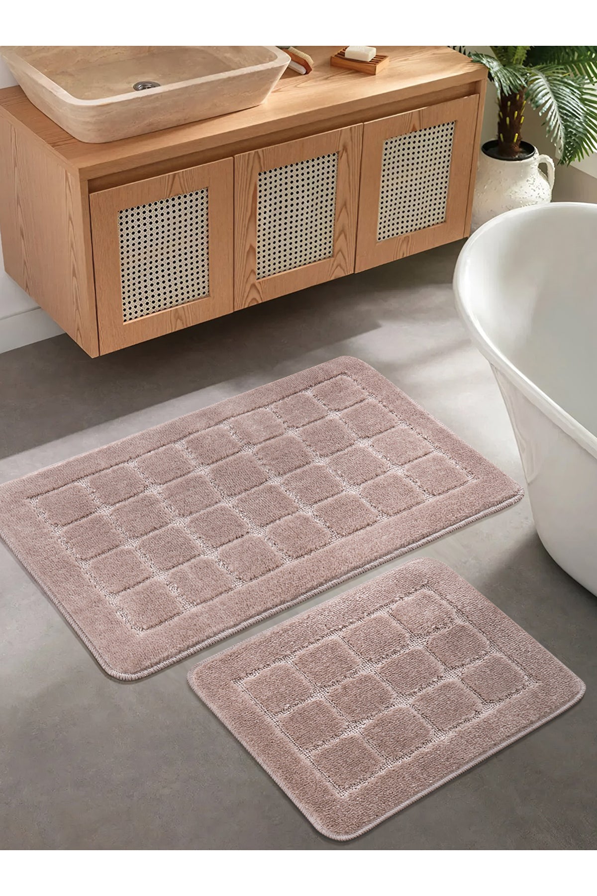 Doğal Kaymaz Taban Banyo Paspas Seti Uzun Ömürlü Yumuşak Dokulu Su Emici Yıkanabilir Kareli Set 50x80-50x40