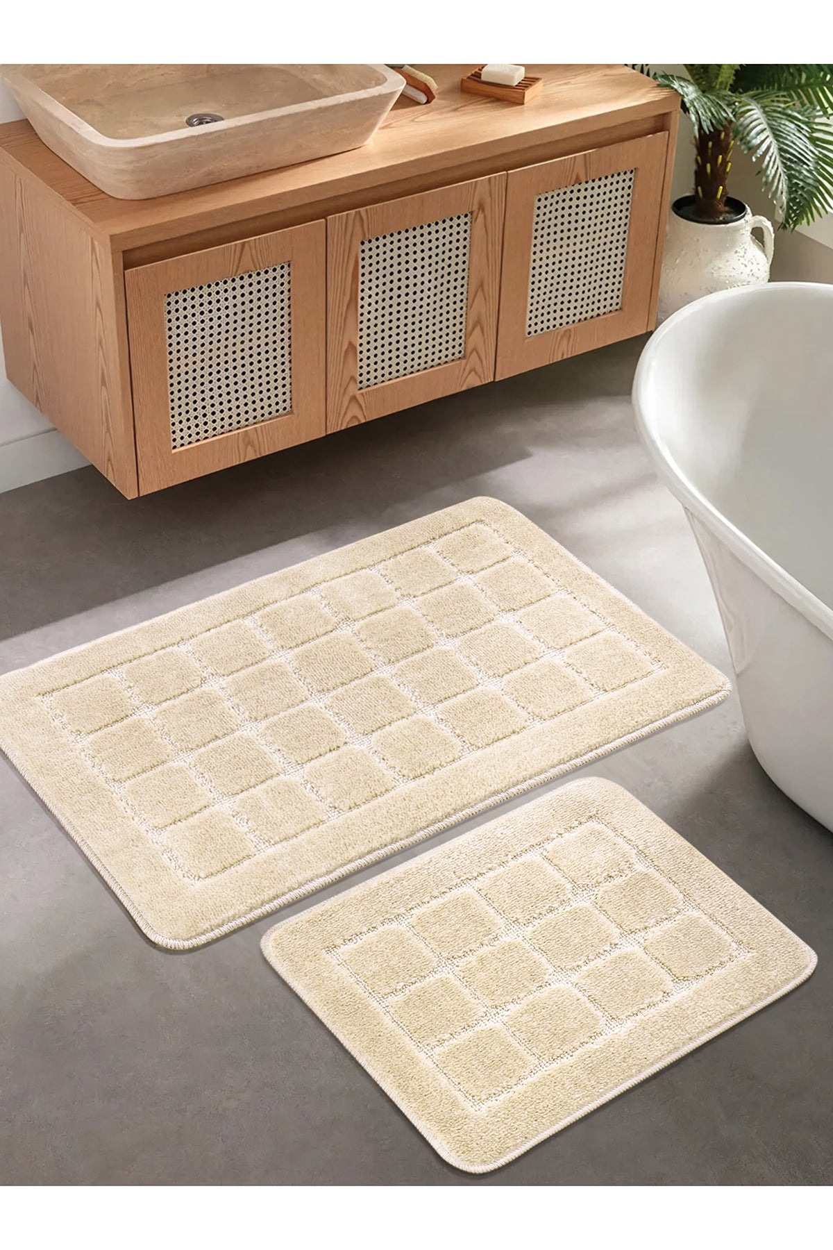Doğal Kaymaz Taban Banyo Paspas Seti Uzun Ömürlü Yumuşak Dokulu Su Emici Yıkanabilir Kareli Set 50x80-50x40
