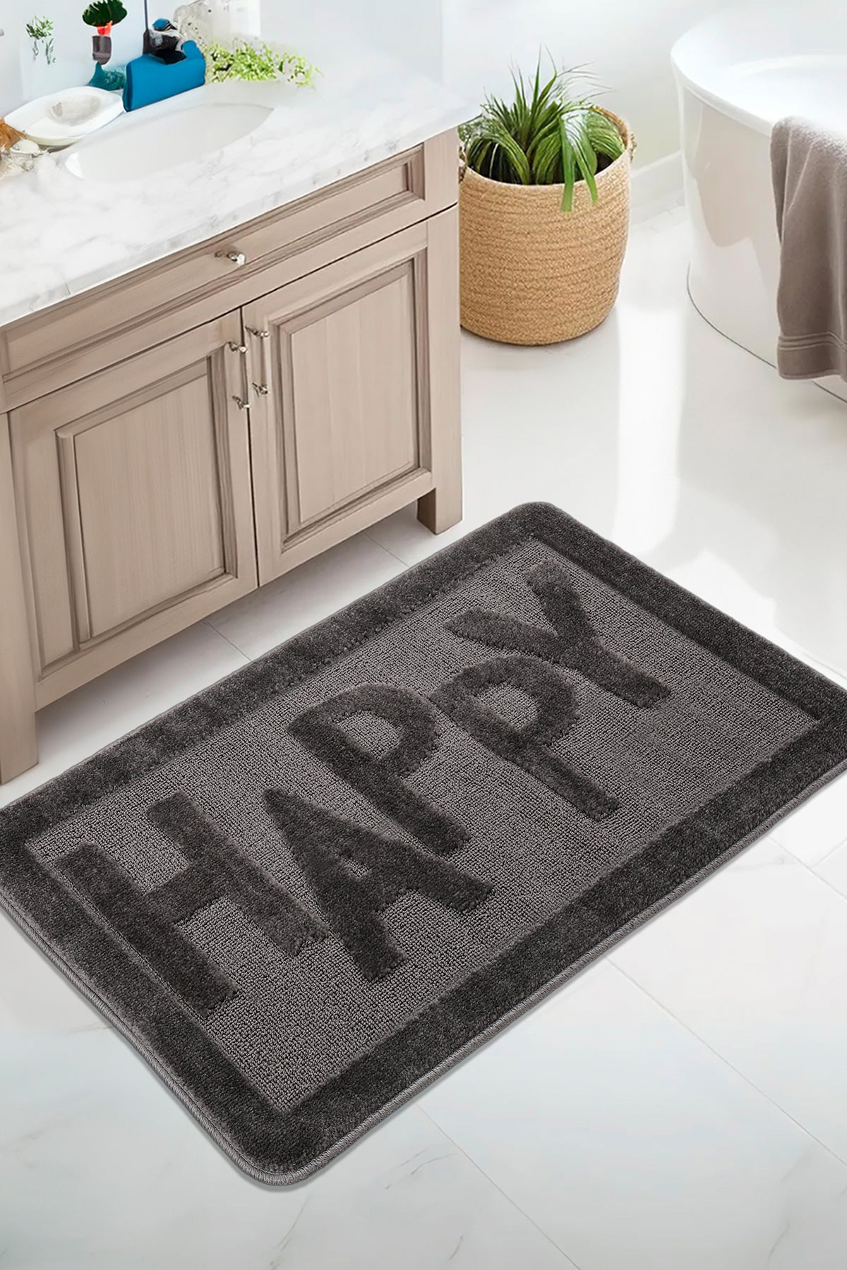 Doğal Kaymaz Taban Banyo Paspas Uzun Ömürlü Yumuşak Dokulu Su Emici Yıkanabilir Happy 60x100