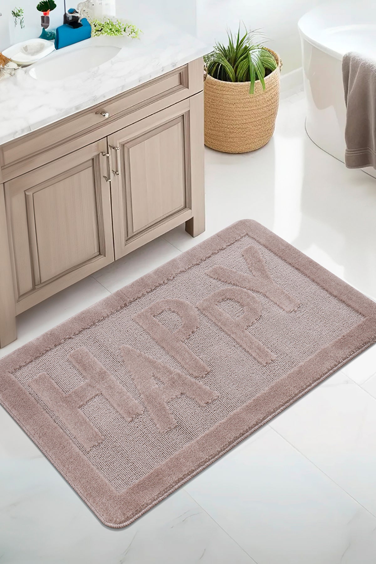 Doğal Kaymaz Taban Banyo Paspas Uzun Ömürlü Yumuşak Dokulu Su Emici Yıkanabilir Happy 60x100