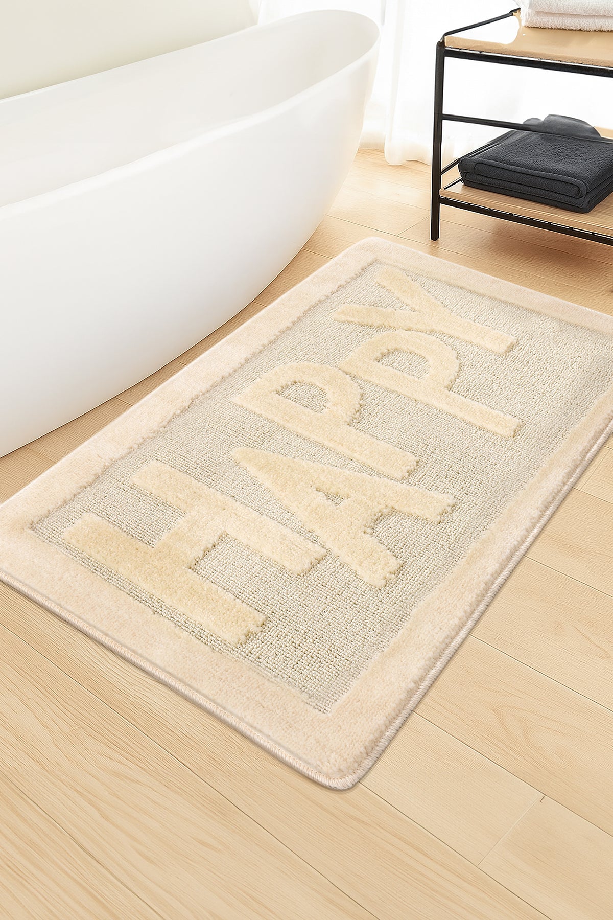 Doğal Kaymaz Taban Banyo Paspas Uzun Ömürlü Yumuşak Dokulu Su Emici Yıkanabilir Happy 60x100