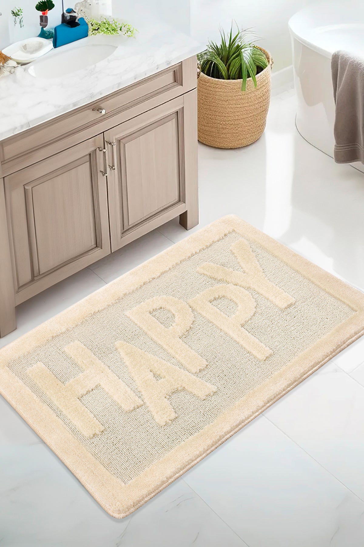 Doğal Kaymaz Taban Banyo Paspas Uzun Ömürlü Yumuşak Dokulu Su Emici Yıkanabilir Happy 60x100