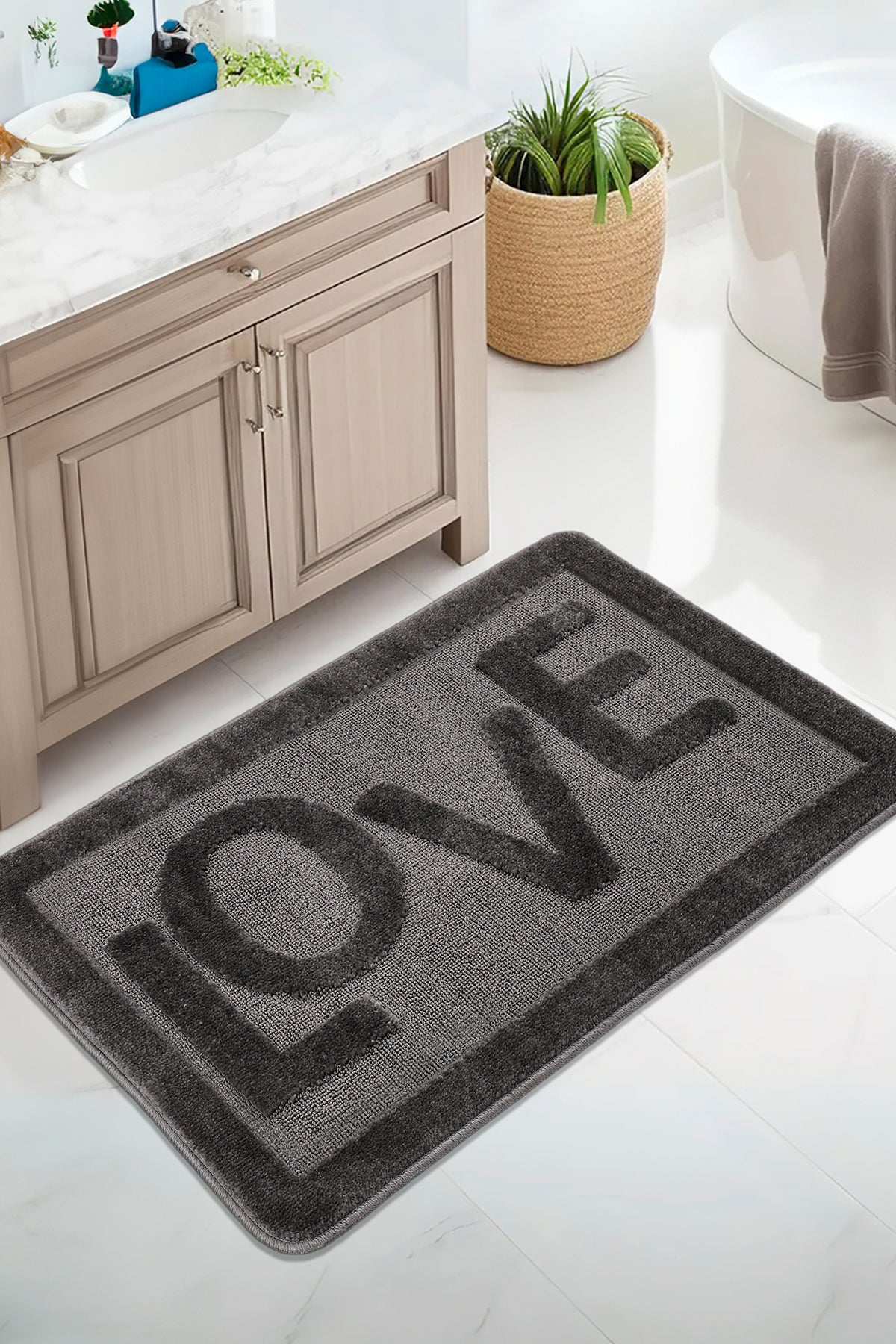 Doğal Kaymaz Taban Banyo Paspas Uzun Ömürlü Yumuşak Dokulu Su Emici Yıkanabilir Love 60x100