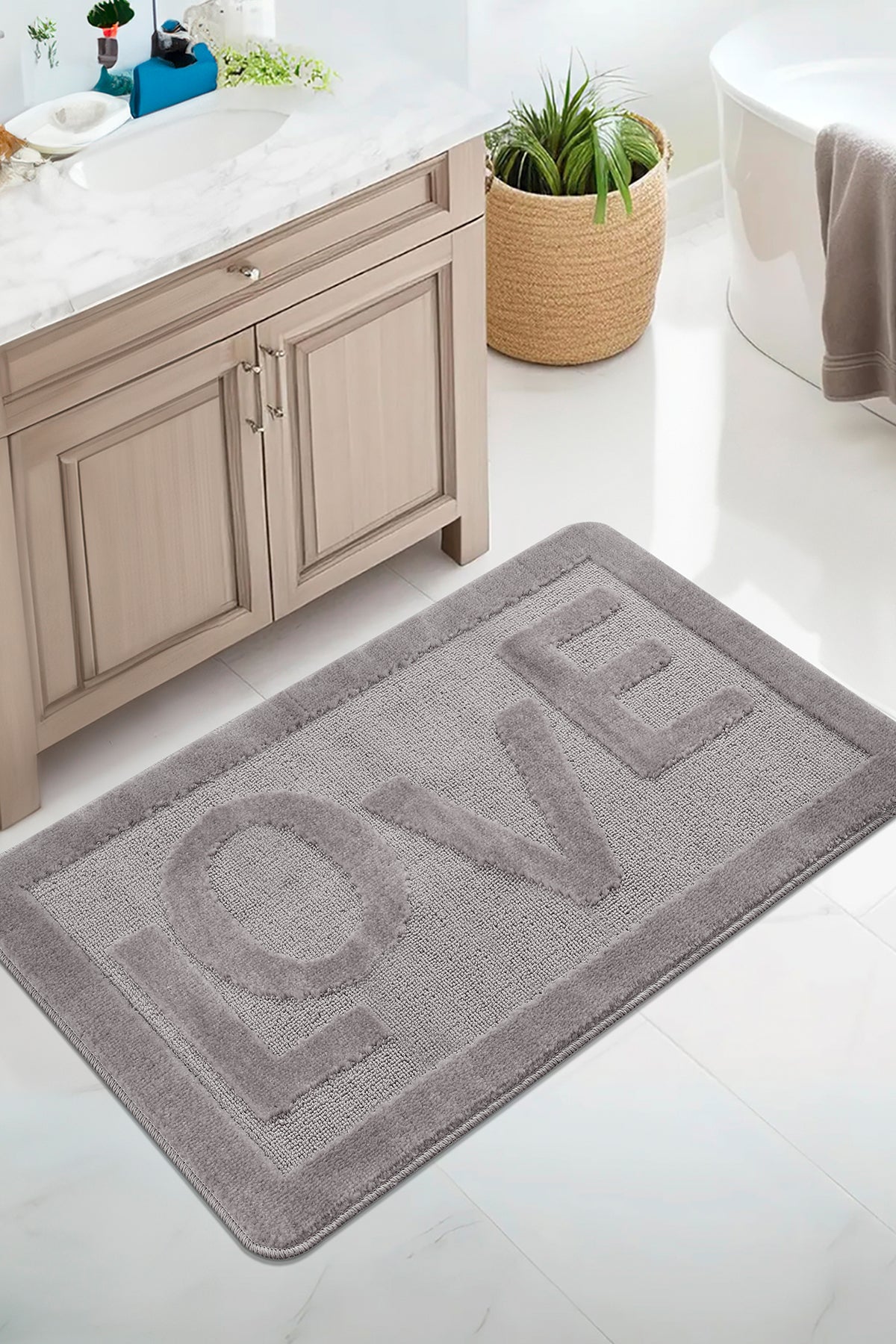 Doğal Kaymaz Taban Banyo Paspas Uzun Ömürlü Yumuşak Dokulu Su Emici Yıkanabilir Love 60x100