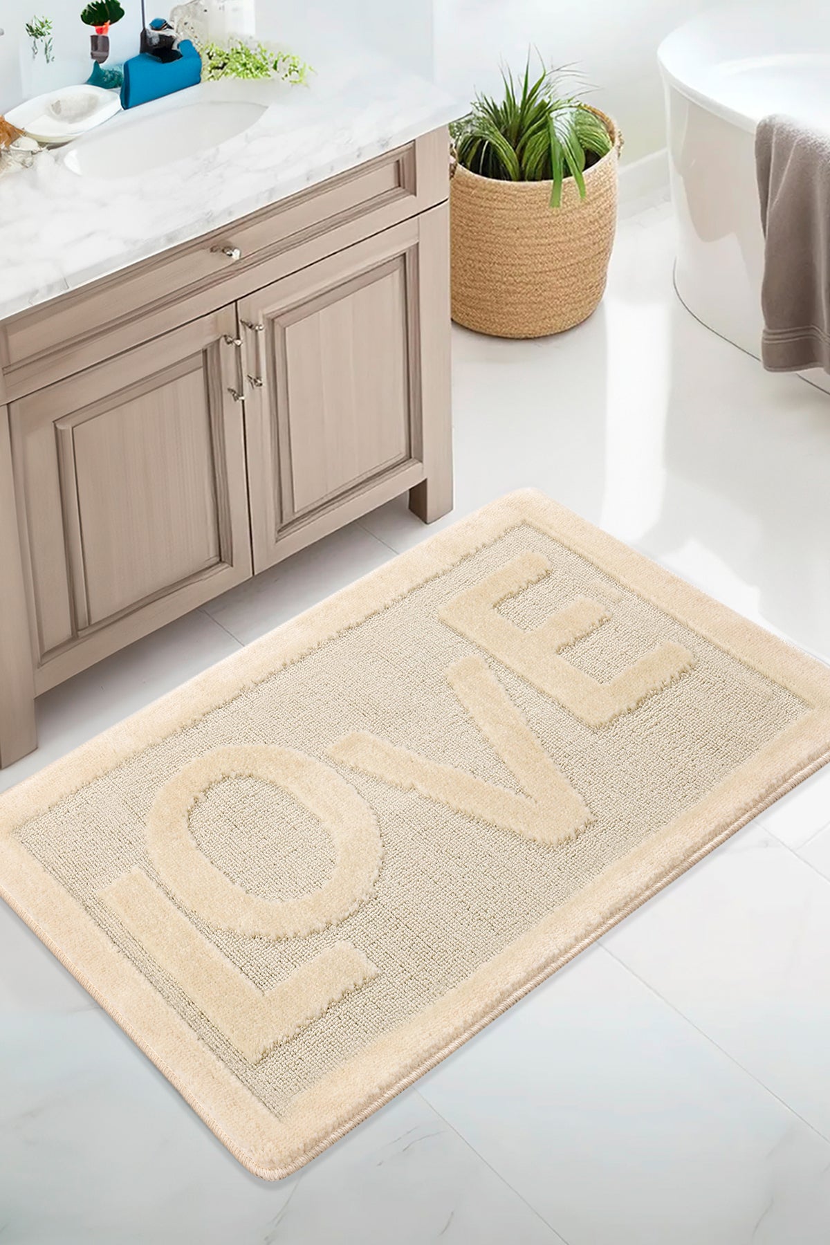 Doğal Kaymaz Taban Banyo Paspas Uzun Ömürlü Yumuşak Dokulu Su Emici Yıkanabilir Love 60x100