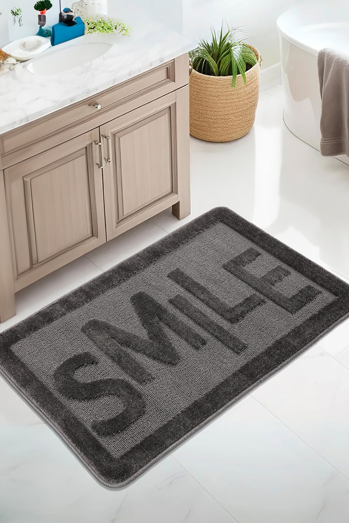 Doğal Kaymaz Taban Banyo Paspas Uzun Ömürlü Yumuşak Dokulu Su Emici Yıkanabilir Smile 60x100