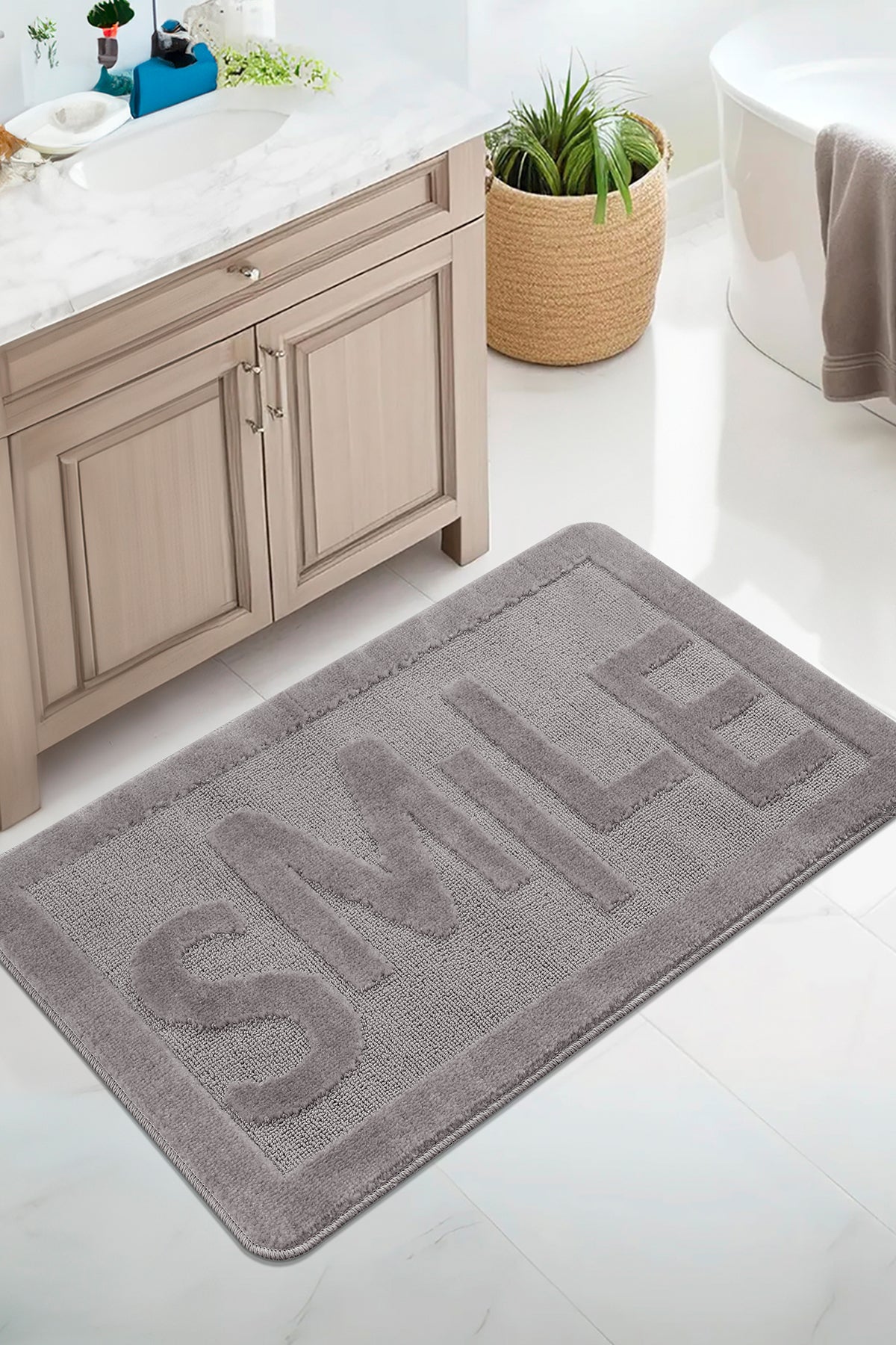 Doğal Kaymaz Taban Banyo Paspas Uzun Ömürlü Yumuşak Dokulu Su Emici Yıkanabilir Smile 60x100