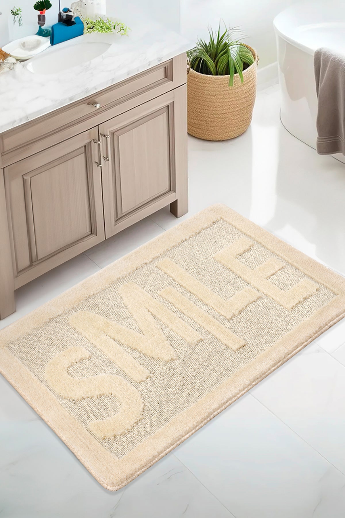 Doğal Kaymaz Taban Banyo Paspas Uzun Ömürlü Yumuşak Dokulu Su Emici Yıkanabilir Smile 60x100
