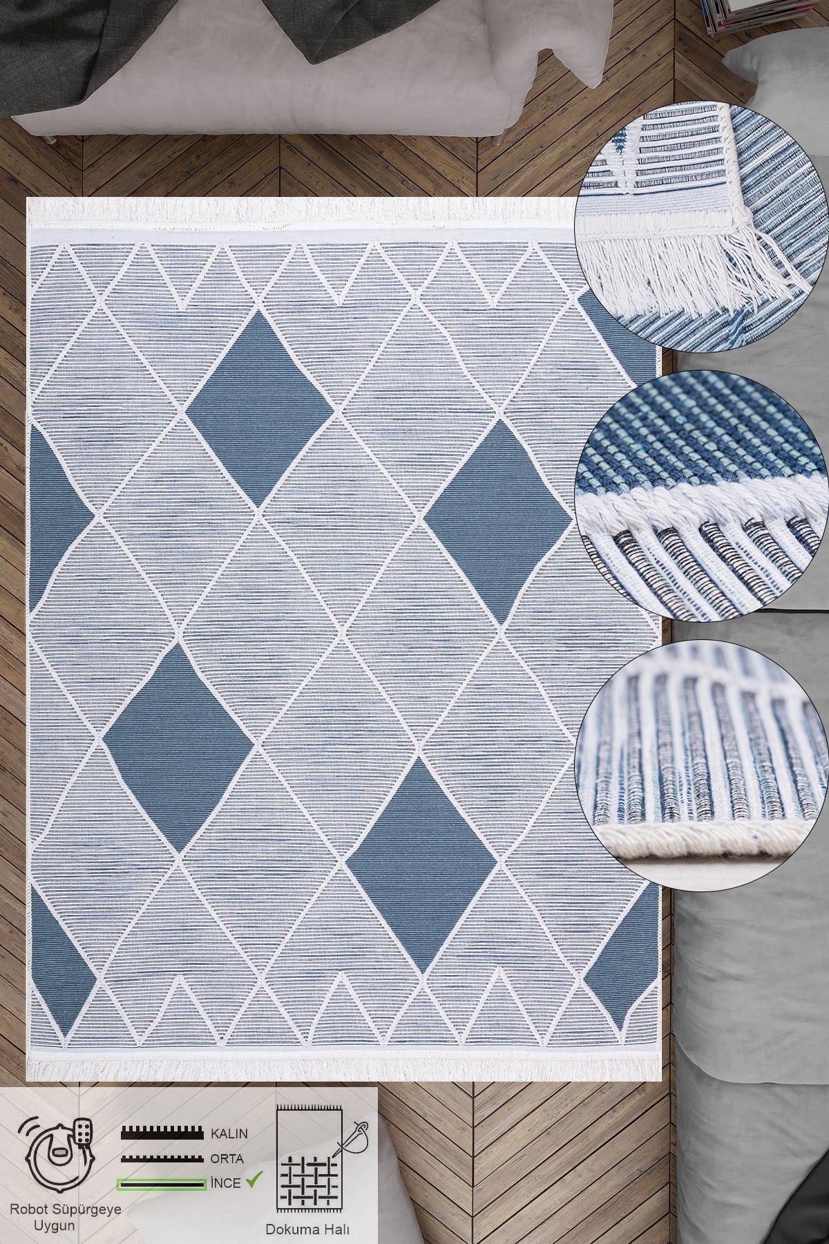 Modern Çift Taraflı Yıkanabilir Pamuk Saçaklı Dokuma Dekoratif Yolluk Halı Kilim