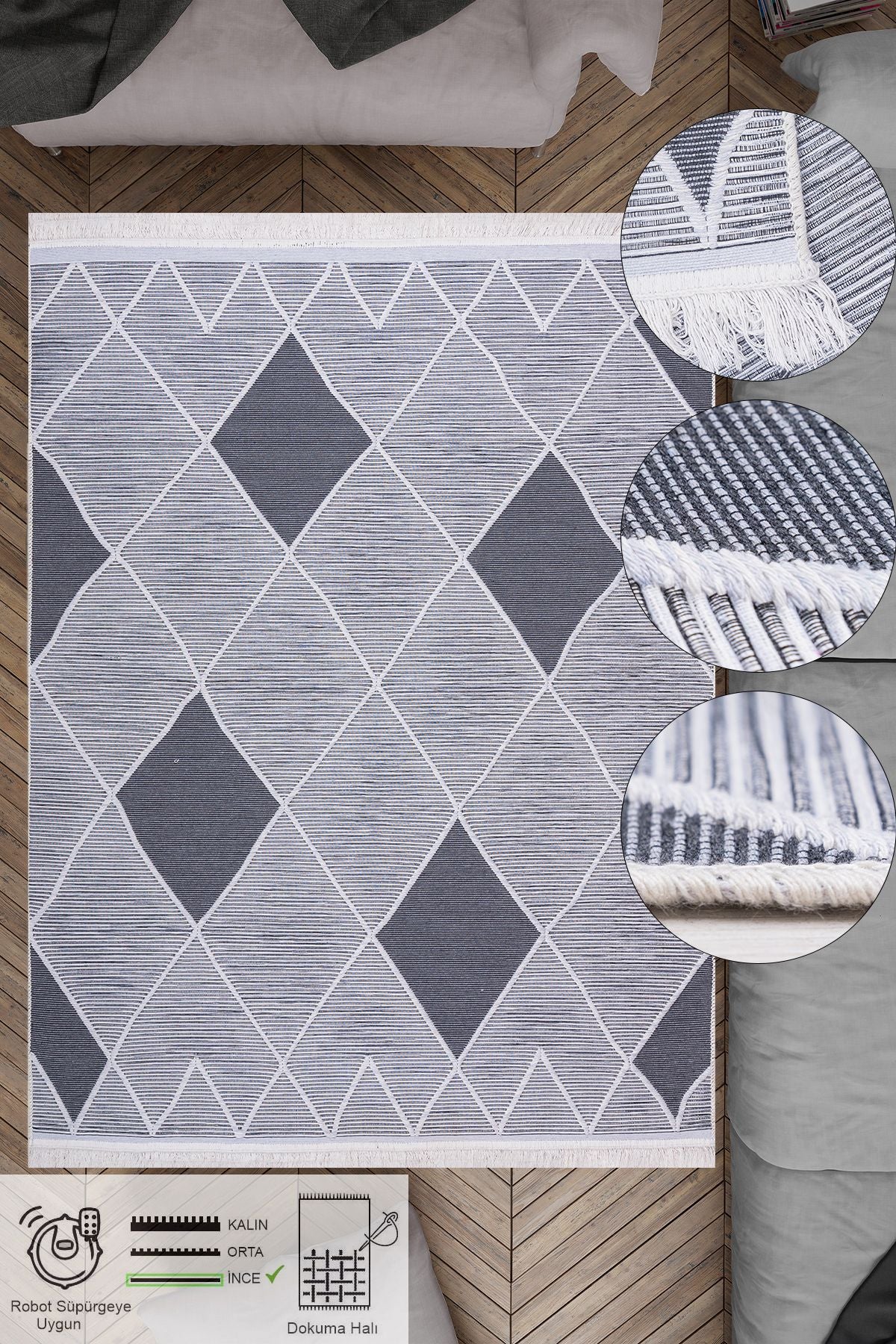Modern Çift Taraflı Yıkanabilir Pamuk Saçaklı Dokuma Dekoratif Yolluk Halı Kilim