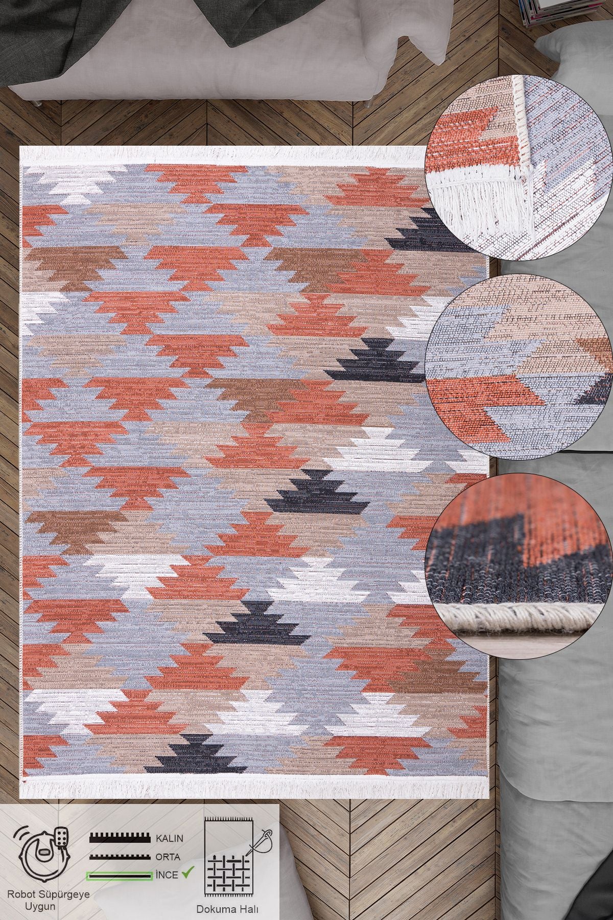 Modern Çift Taraflı Yıkanabilir Pamuk Saçaklı Dokuma Dekoratif Yolluk Halı Kilim