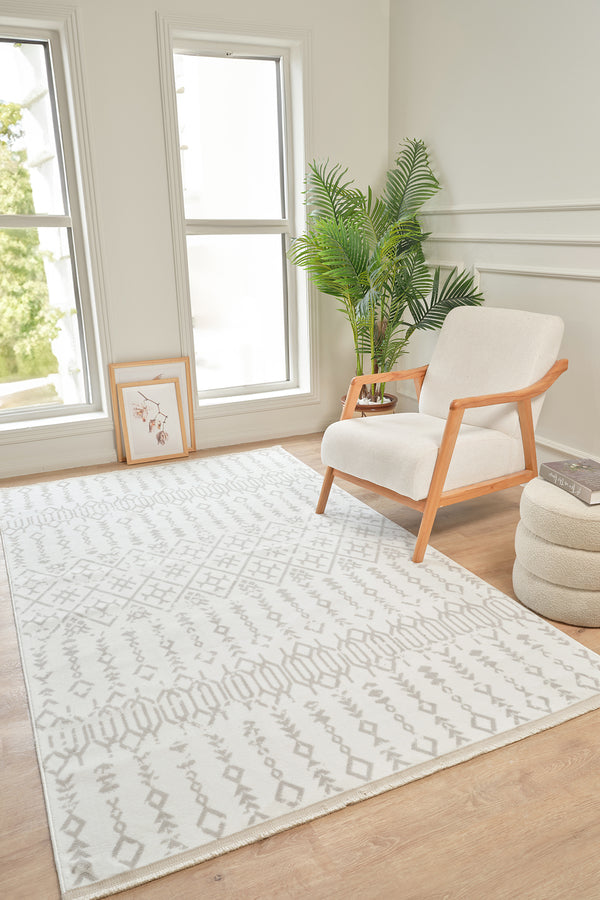 Moderno 3332 Gri Beyaz Etnik Desenli Dokuma Halı Salon Oturma Odası Mutfak Halısı Tozumaz Makine Halısı