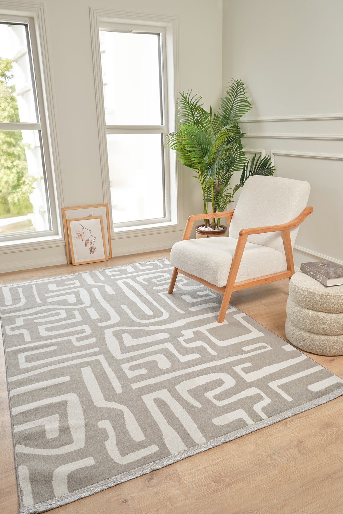 Moderno 3336 Gri Beyaz Modern Desenli Dokuma Halı Salon Oturma Odası Mutfak Halısı Tozumaz Makine Halısı