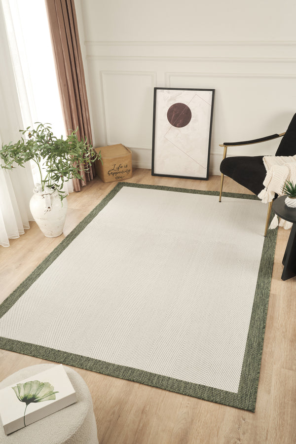 Sisalux 3090 Krem Yeşil Sisal Dokuma Jüt Kilim Hav Toz Vermez Halı Salon Mutfak Oturma Odası Halısı