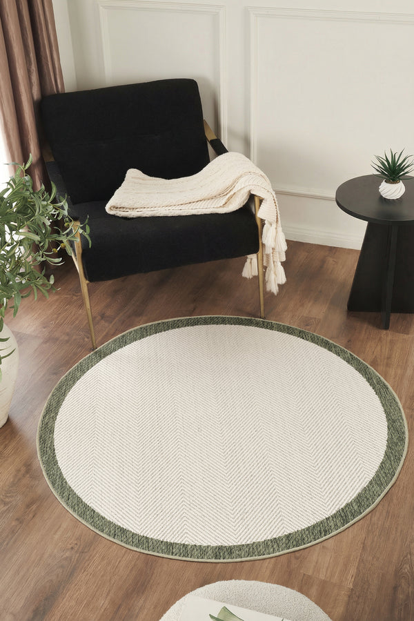 Sisalux 3090 Krem Yeşil Yuvarlak Sisal Dokuma Jüt Kilim Hav Toz Vermez Mutfak Oturma Odası Halısı
